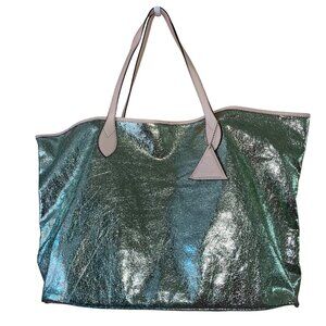 Sorial Womens Tote Bag Green Metallic Leather Animal Print Casual